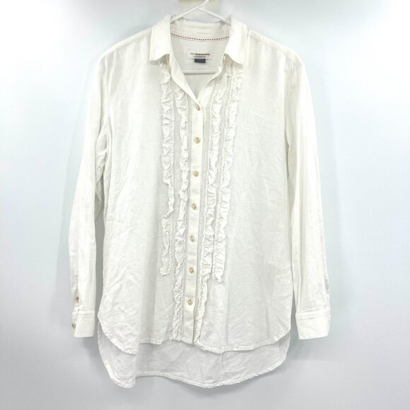 Pilcro by Anthropologie White Linen Blend Tuxedo Ruffle Button Down Blouse XS - Picture 2 of 5